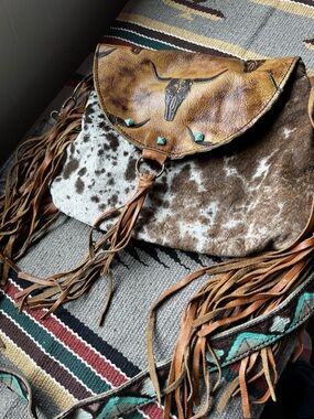 Cowhide Fringe Crossbody Bag with Longhorn Flap